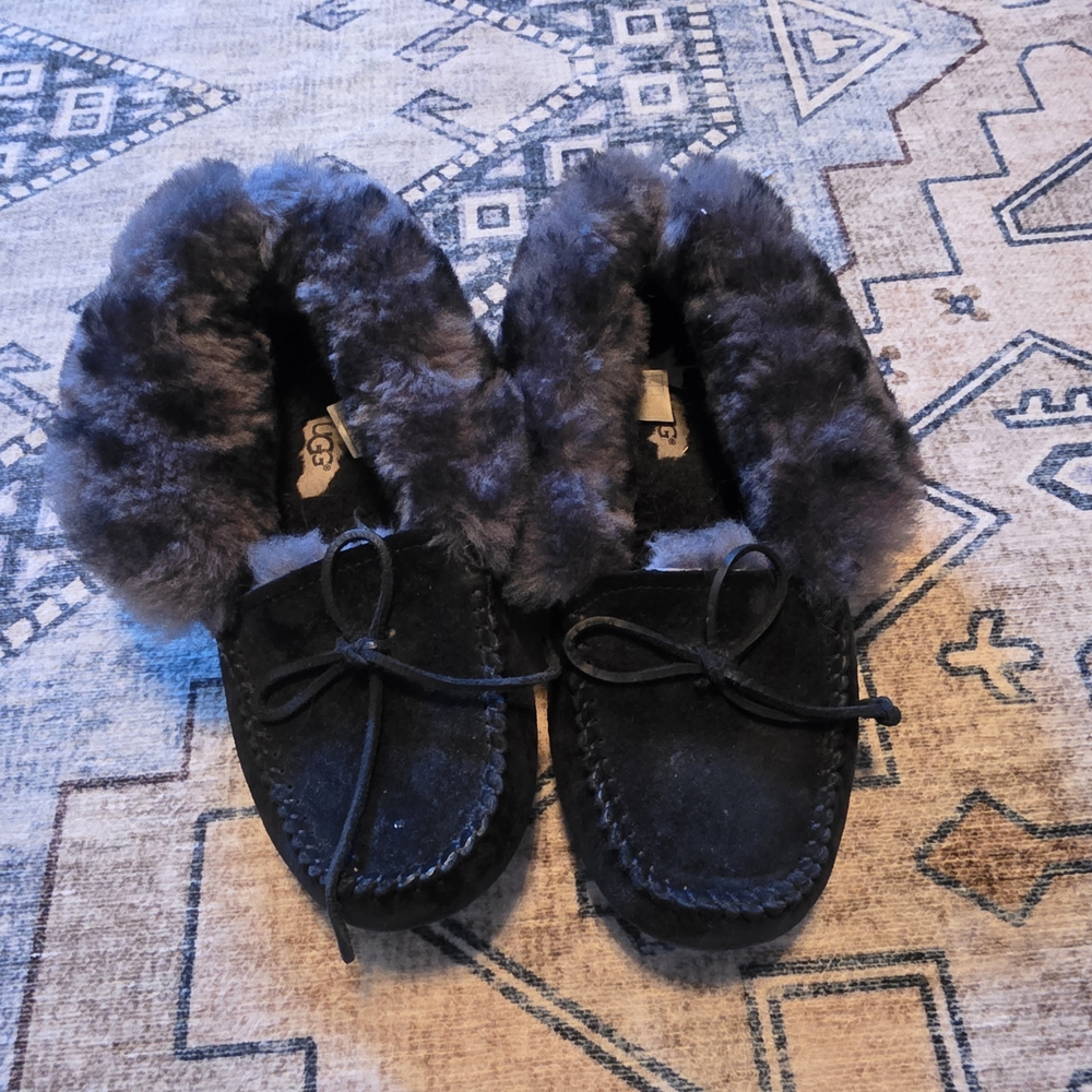 UGG Black Suede Fur-Lined Moccasins